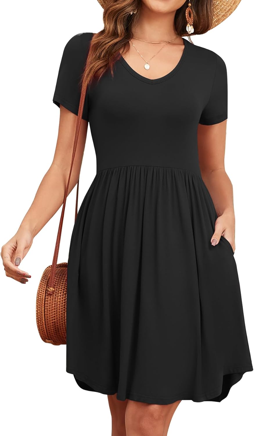 Women's 2026 Summer Short Sleeve Dresses Casual Loose Fit Swing T Shirt Dress V Neck Sundress with Pockets