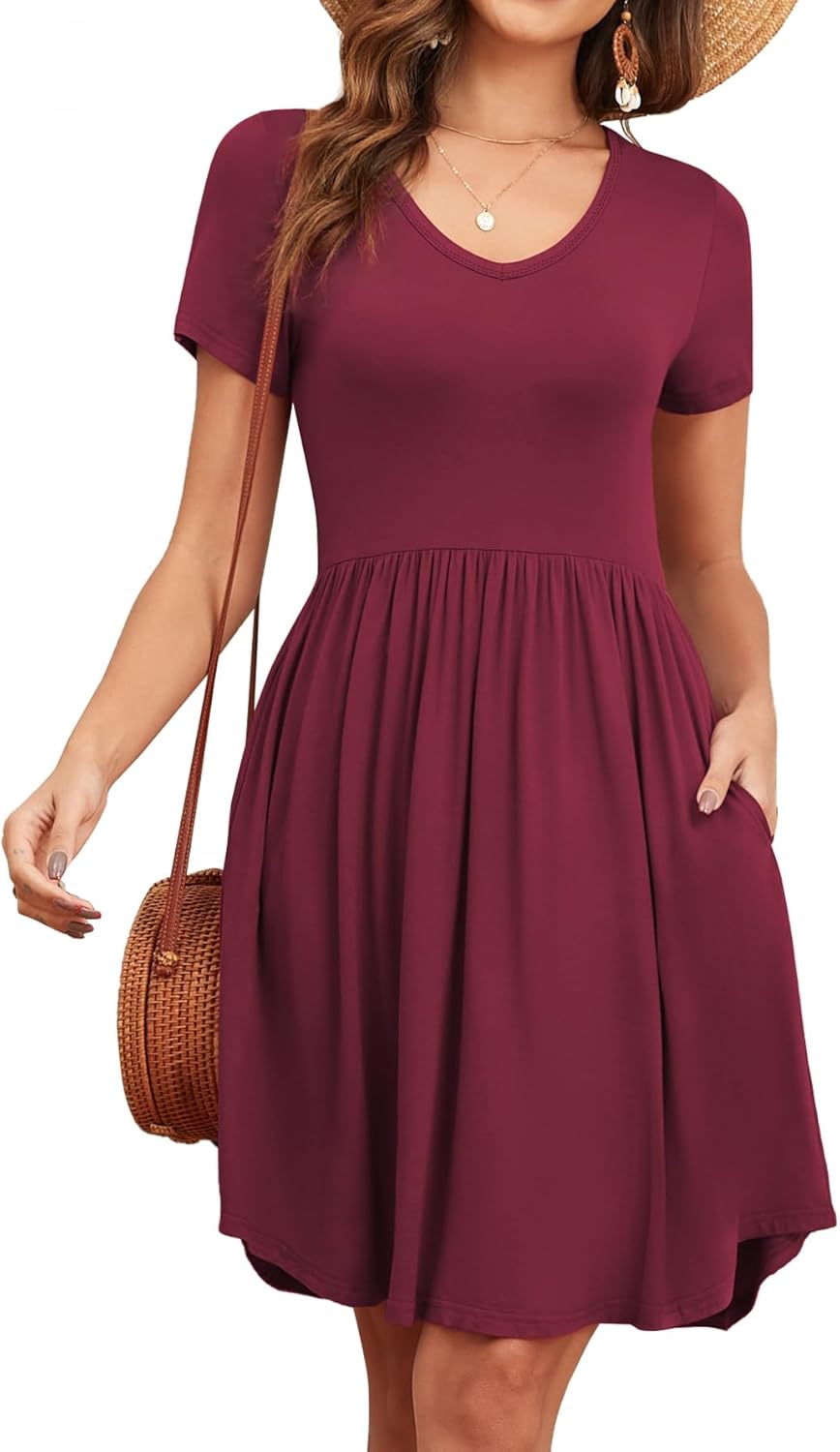 Women's 2026 Summer Short Sleeve Dresses Casual Loose Fit Swing T Shirt Dress V Neck Sundress with Pockets
