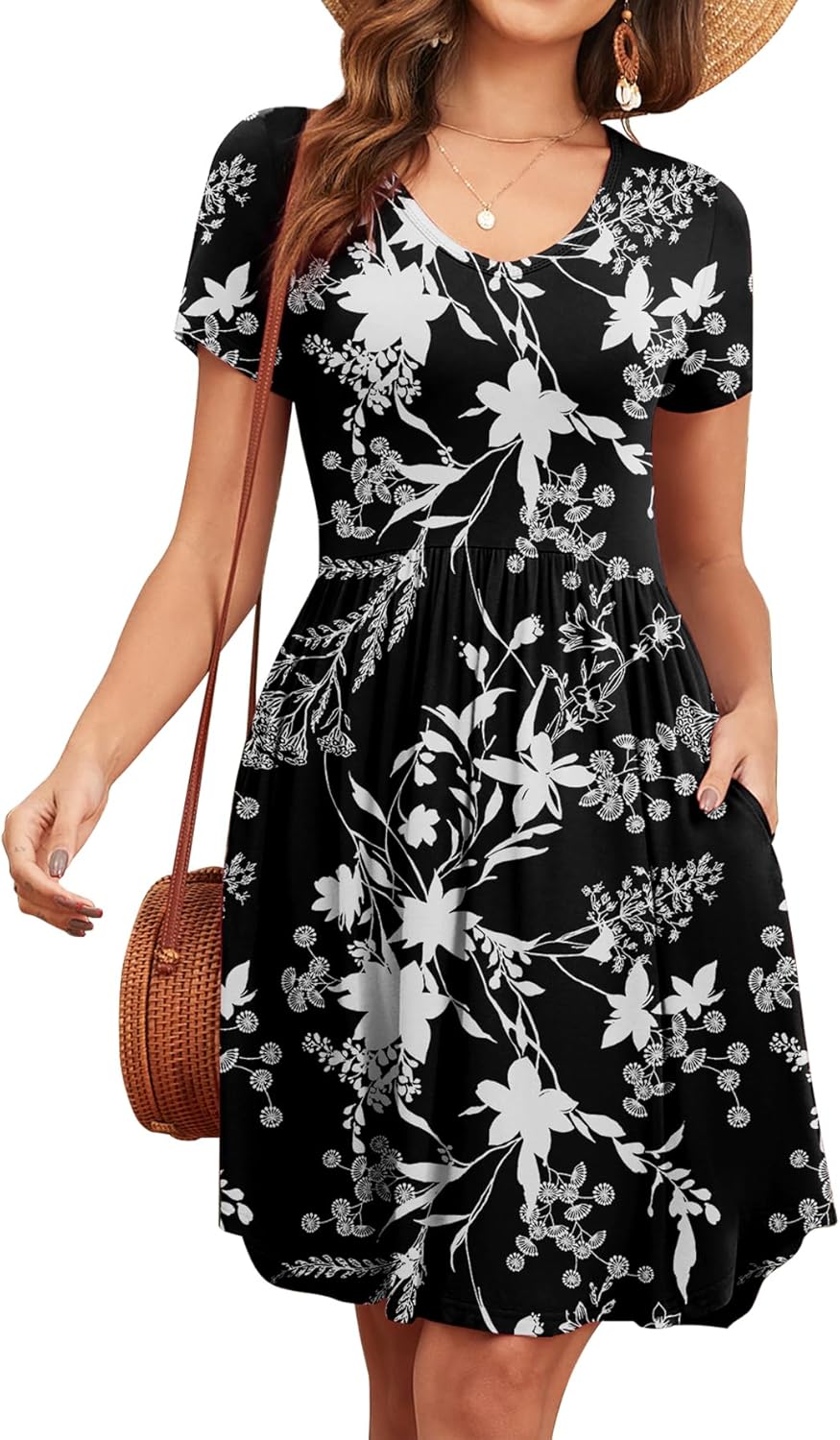 Women's 2026 Summer Short Sleeve Dresses Casual Loose Fit Swing T Shirt Dress V Neck Sundress with Pockets