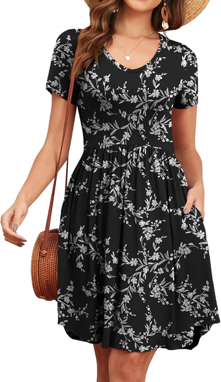Women's 2026 Summer Short Sleeve Dresses Casual Loose Fit Swing T Shirt Dress V Neck Sundress with Pockets