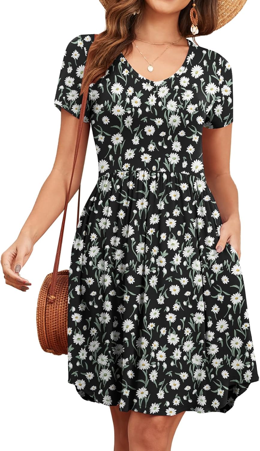 Women's 2026 Summer Short Sleeve Dresses Casual Loose Fit Swing T Shirt Dress V Neck Sundress with Pockets