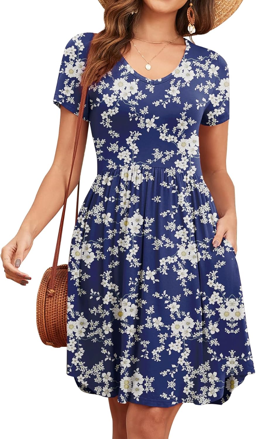 Women's 2026 Summer Short Sleeve Dresses Casual Loose Fit Swing T Shirt Dress V Neck Sundress with Pockets