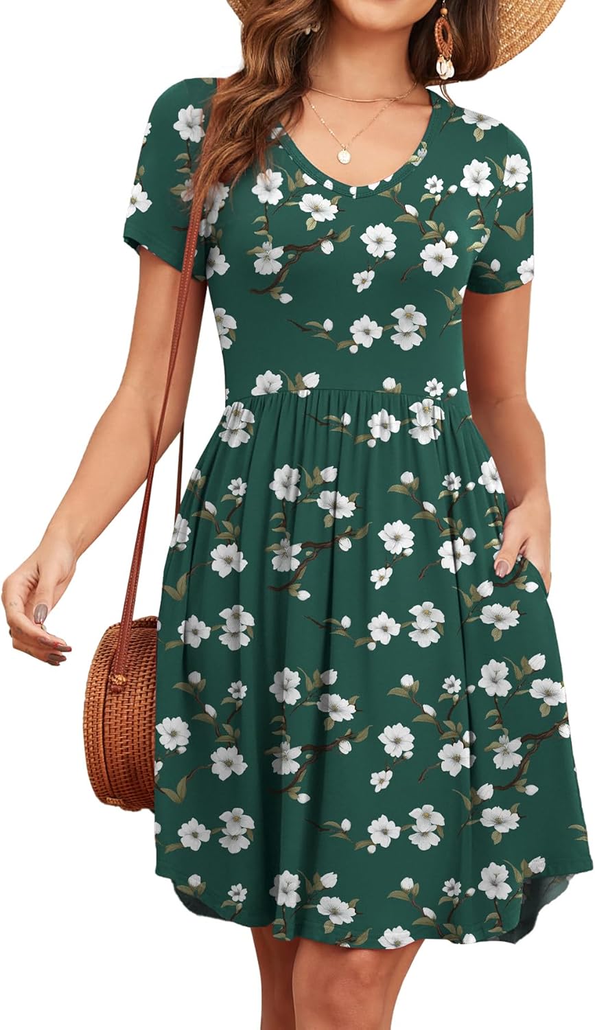 Women's 2026 Summer Short Sleeve Dresses Casual Loose Fit Swing T Shirt Dress V Neck Sundress with Pockets