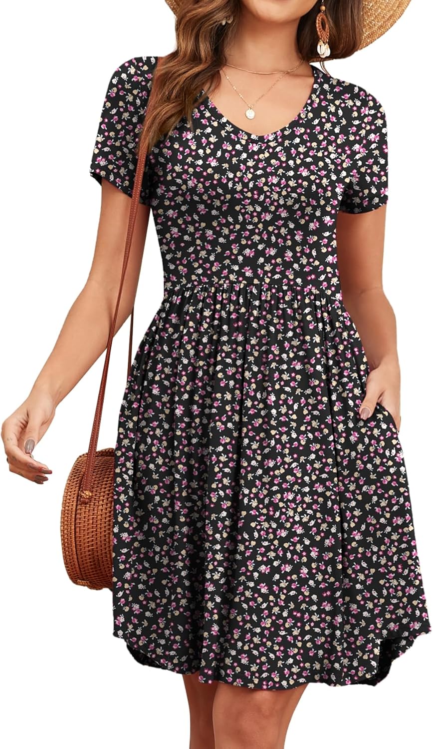 Women's 2026 Summer Short Sleeve Dresses Casual Loose Fit Swing T Shirt Dress V Neck Sundress with Pockets