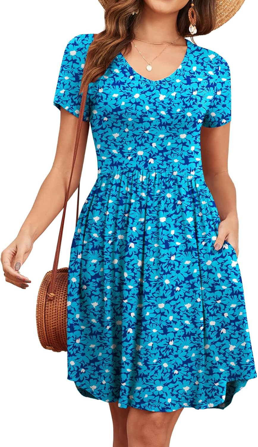 Women's 2026 Summer Short Sleeve Dresses Casual Loose Fit Swing T Shirt Dress V Neck Sundress with Pockets