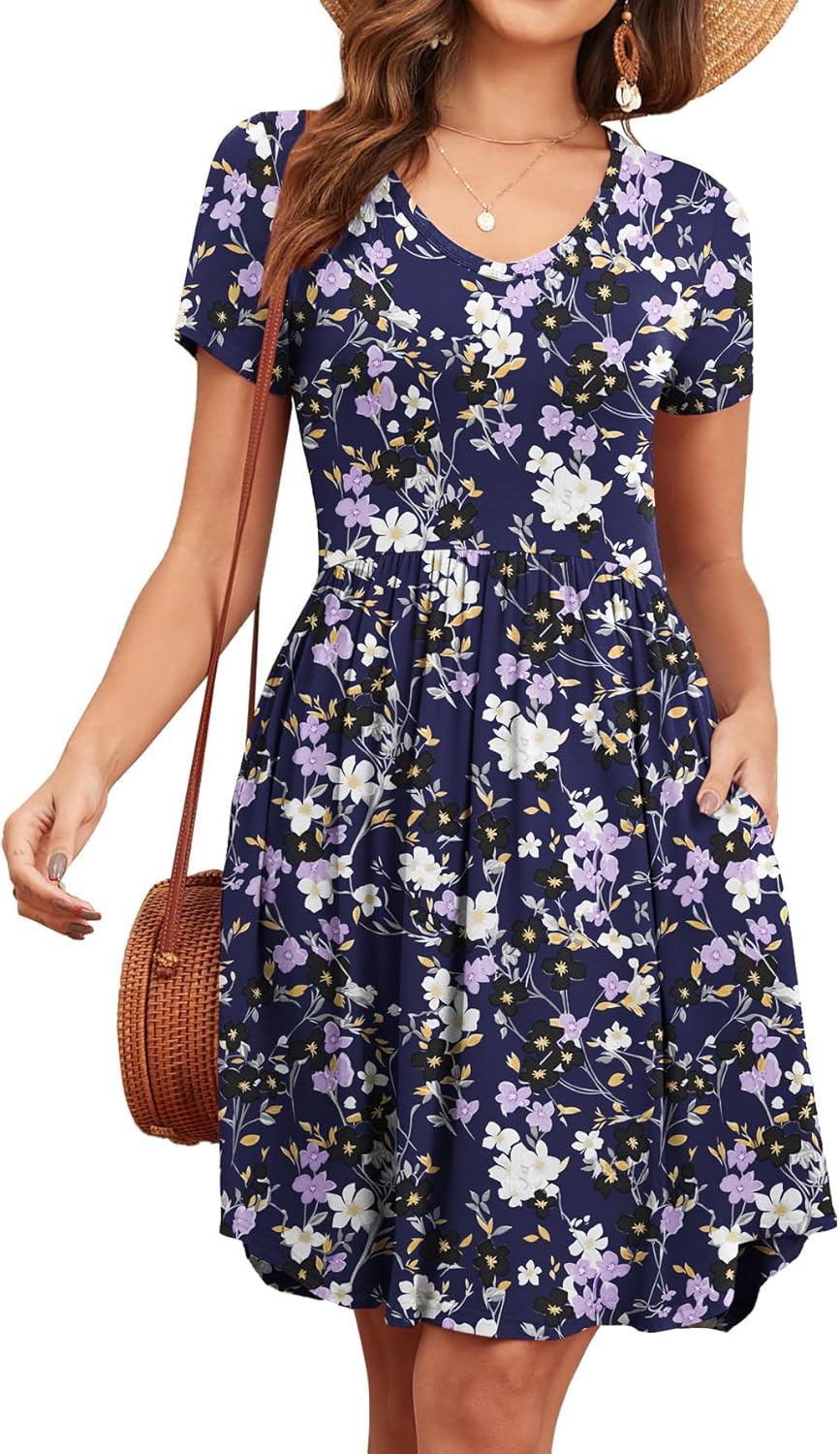 Women's 2026 Summer Short Sleeve Dresses Casual Loose Fit Swing T Shirt Dress V Neck Sundress with Pockets